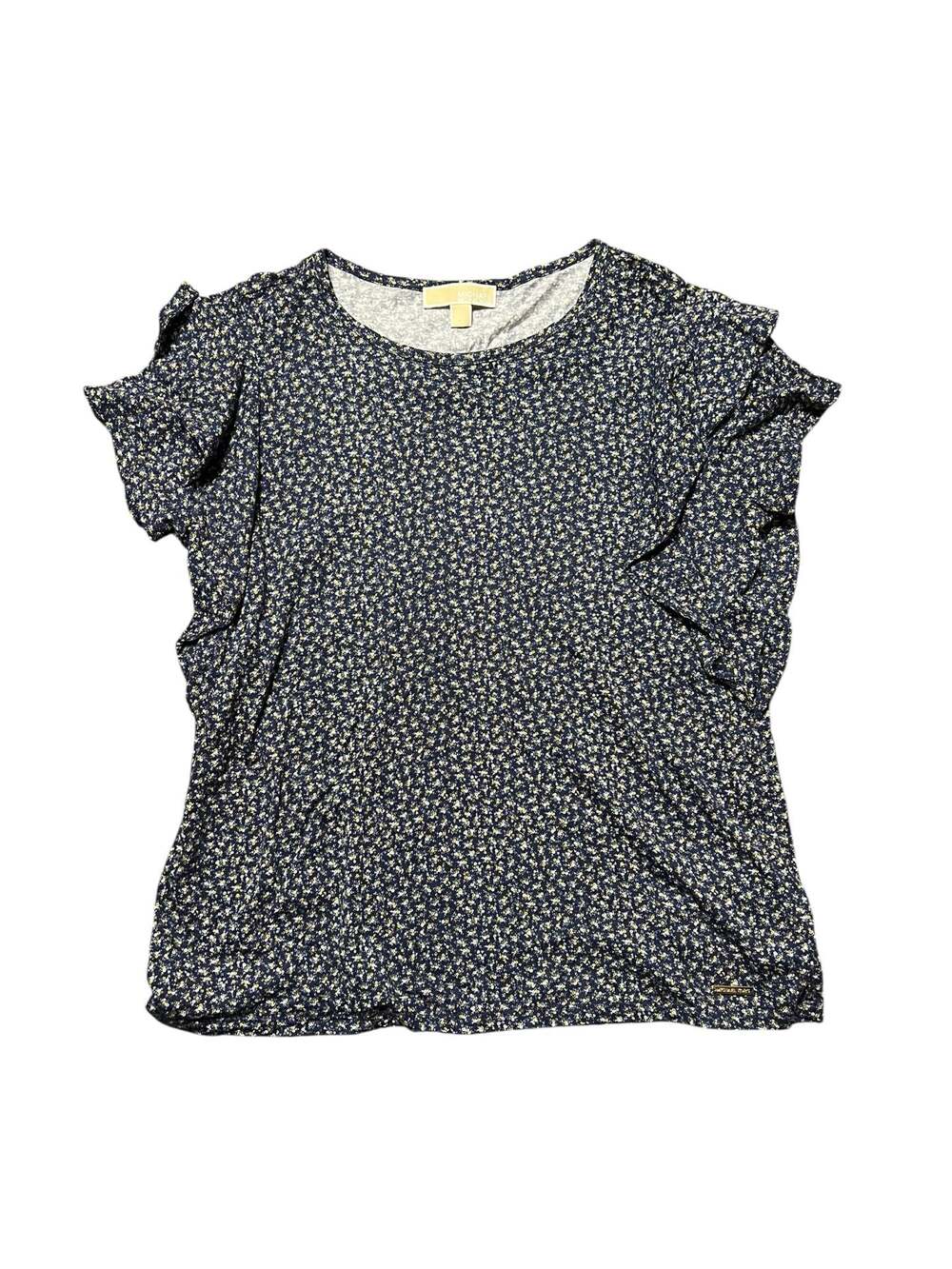 Michael Kors Women's Navy Blue Floral Print Ruffle Cap Sleeve Jersey Top